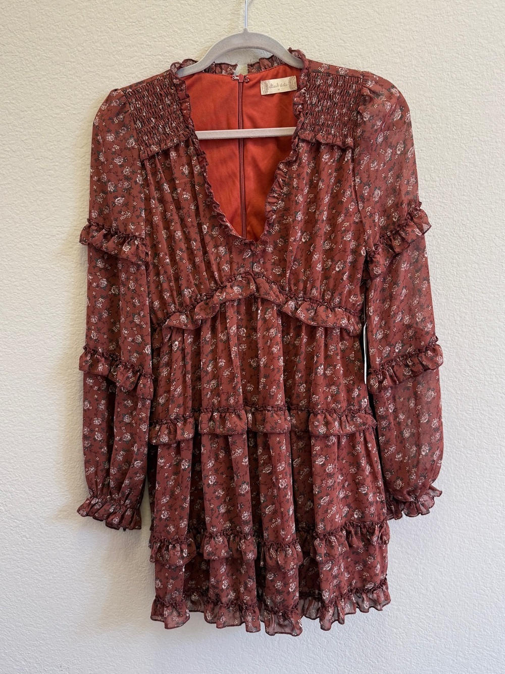 Altar’d State Burgundy Floral Long-Sleeve Ruffled Mini Dress